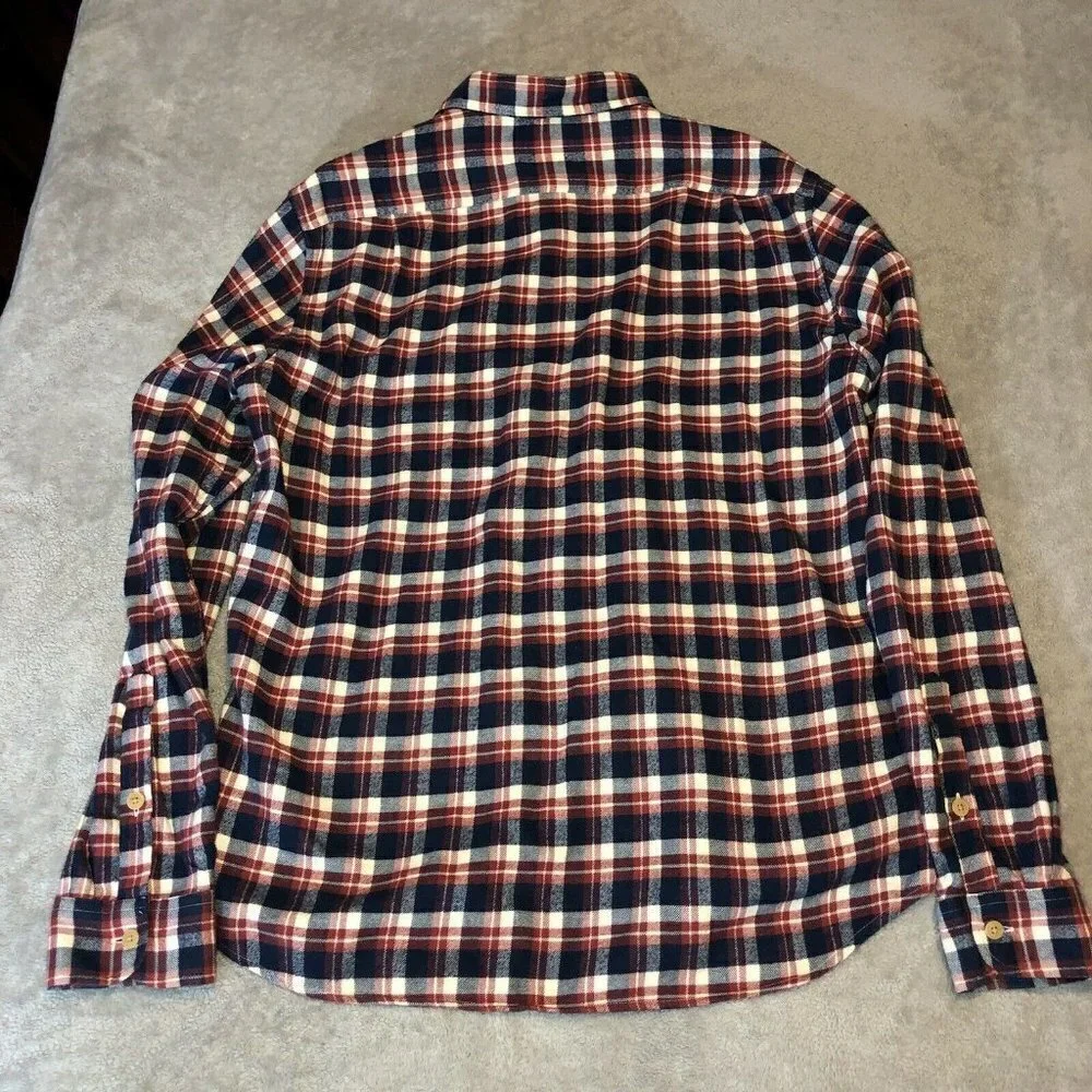 J.CREW Mercantile Mens Navy Blue Cream Plaid Flannel Long Sleeve Shirt